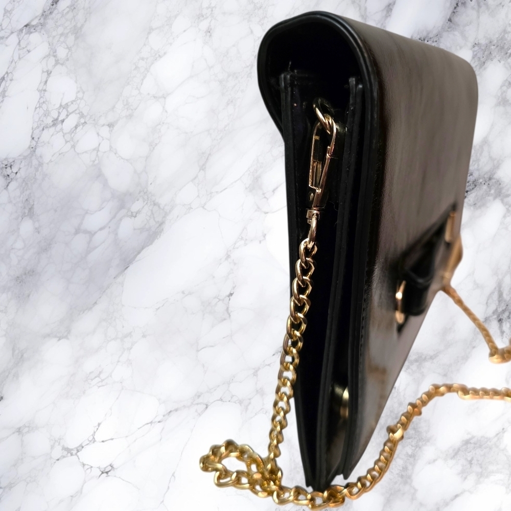 Kensie Black Leather Clutch Crossbody Gold Chain Evening Bag Minimalist Chic - Picture 11 of 16
